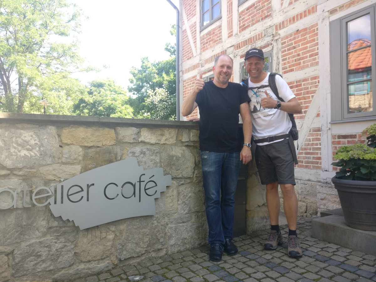 Tobias Senft and me in front of the Einschlaf hotel