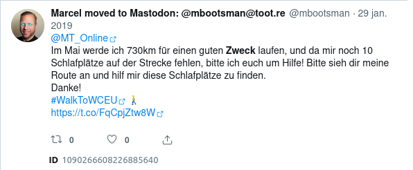 Tweet screenshot: @MT_Online  Im Mai werde ich 730km für einen guten Zweck laufen, und da mir noch 10 Schlafplätze auf der Strecke fehlen, bitte ich euch um Hilfe! Bitte sieh dir meine Route an und hilf mir diese Schlafplätze zu finden. Danke! #WalkToWCEU 🚶‍♂️